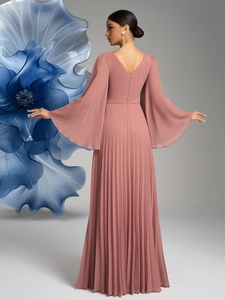 Detailed view of the pleated chiffon dress back with deep V-neck and flared sleeves