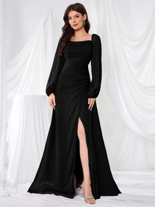 Elegant black evening gown with a square neck, ruched waist detail and high side slit