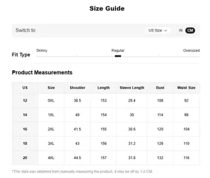 Detailed size guide table for elegant plus size sequin evening gown with measurements