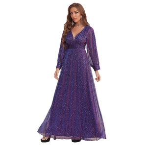 Elegant purple V-neck evening gown featuring sequined fabric and pleated waist design