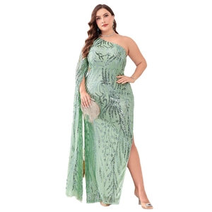 Elegant plus size one shoulder light green sequin evening gown with a high slit detail