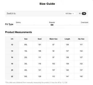 Detailed size chart for lace knit plus size long dress showing measurements from US 12 to 22