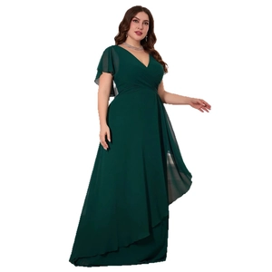 Plus size dark green V-neck chiffon evening gown with ruffle sleeves and high waist design