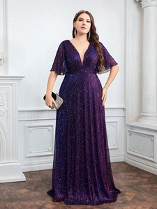 Elegant plus size deep V-neck evening gown with ruffle sleeves and purple sequins
