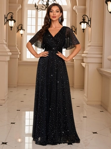 Detail of elegant navy blue V-neck evening gown with shimmering sequins and flutter sleeves