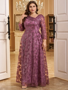 Robe de soirée élégante mauve à col en V avec broderie de paillettes et jupe trapèze fluide