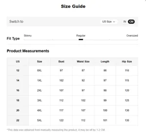 Detailed size chart for black off-shoulder party dress with measurements from 0XL to 5XL
