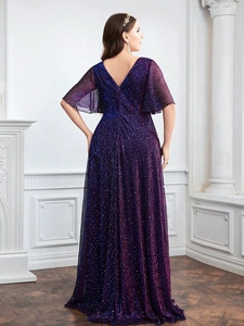 Elegant V-neck plus size evening gown with shimmering gradient sequins and ruffle sleeves