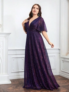 Elegant plus size deep V-neck sequined evening gown with ruffle sleeves in dark purple