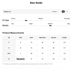 Size chart detail for skinny fit knitted bandage dress showing S to XL dimensions