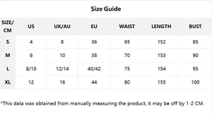 Guide des tailles pour robe de soirée sirène avec mesures en centimètres et tailles US/UK/EU