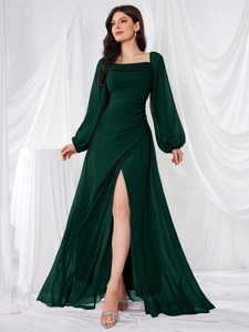 Detail of elegant dark green chiffon maxi dress with square neck and side slit