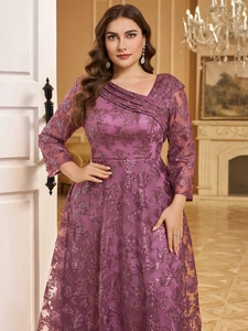 Robe de soirée élégante violette avec col en V, sequins et broderies florales