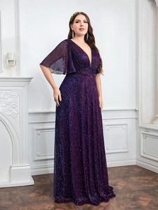 Elegant plus size deep V-neck sequined gown with flutter sleeves in shimmering dark purple