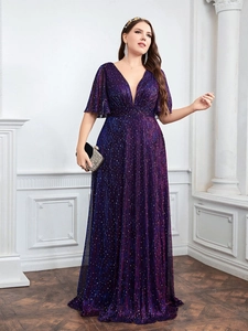Elegant plus size V-neck evening gown with starry purple sequins and ruffle sleeves