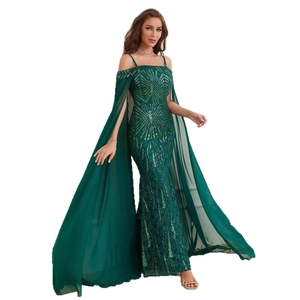 Elegant dark green off-shoulder sequin evening dress with long chiffon capes and fishtail hem