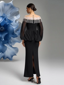 Detail of beaded tassel fringe and sheer lace neckline on an elegant black evening gown