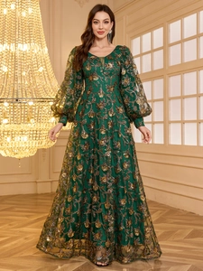 Dark green evening gown with gold sequin floral embroidery and V-neck lantern sleeves