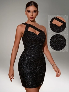 Elegant black sequin evening dress with asymmetric diamond neckline and slim fit silhouette