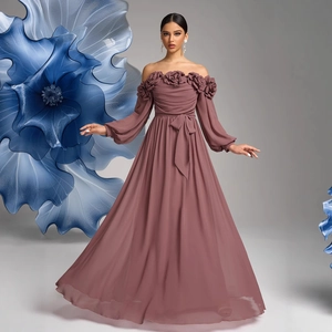 Elegante Abito Maxi Francese Spalle Scoperte Con Fiori 3D Manica a Lanterna Chiffon Linea a Abito per Matrimonio Festa Donna