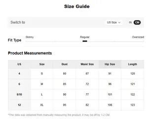 Detailed size guide chart showing measurements for the off-shoulder black evening gown