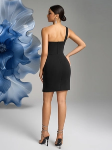 Detailed back view of sleek one-shoulder black bodycon dress with invisible zipper