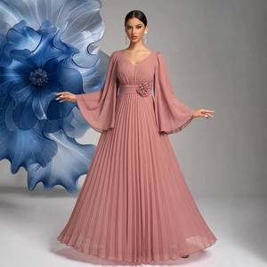 Elegant Dusty Pink V Neck Pleated Chiffon Maxi Evening Dress With Flare Bell Sleeves And 3D Flower Decoration For Women