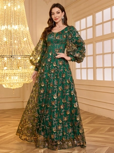 Elegant emerald green A-line evening gown with gold floral sequins and lantern sleeves