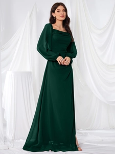 Detail of elegant dark green square neck dress with draped waist and flowing long sleeves