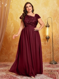 Detailed close-up of wine red sequined bodice and pleated chiffon formal evening dress