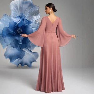 Elegant V-neck dusty pink chiffon maxi dress with bell sleeves and pleated skirt details