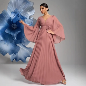 Elegant V-neck chiffon pleated evening gown with bell sleeves and floral waist detail