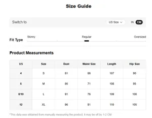 Size chart table for black off-shoulder dress showing S to XL measurements in centimeters