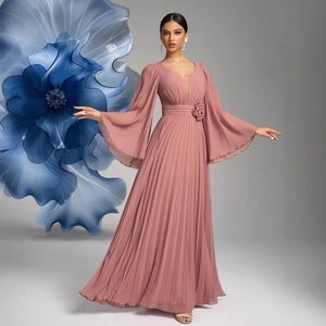 Dusty rose V-neck chiffon dress with bell sleeves and pleated skirt for formal events