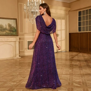 Elegant purple sequin evening gown with a backless V-neck and flowing cape design