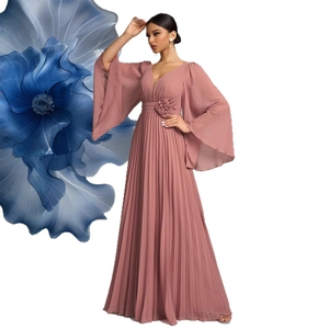 Elegant dusty rose chiffon maxi dress with V-neck, bell sleeves and floral waist detail