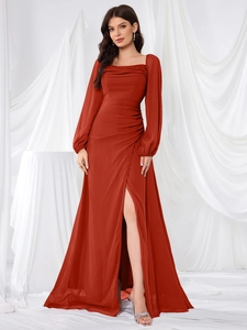 Elegant brick red chiffon dress with lantern sleeves and a high side slit detail