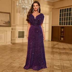 Elegant purple sequined long evening gown with draped neckline and shimmering finish