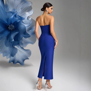 Sexy royal blue strapless knit bandage maxi dress with high back slit and slim fit design