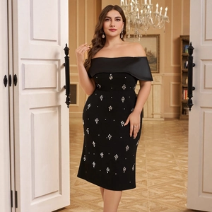 Elegant black off-shoulder midi party dress with sparkling floral rhinestone embellishments