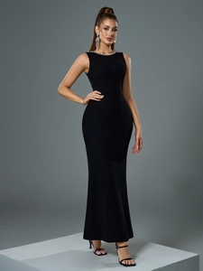 Exquisite pearl neckline detail on a sleek black backless bandage fishtail evening gown