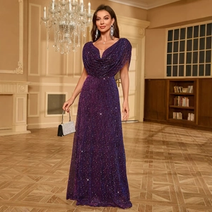 Elegant purple sequin evening gown with deep V-neck and draped cowl neckline design