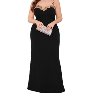 Elegant black sleeveless maxi dress with colorful floral embroidery and slim fit