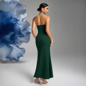 Elegant emerald green strapless mermaid evening dress with high slit and open back