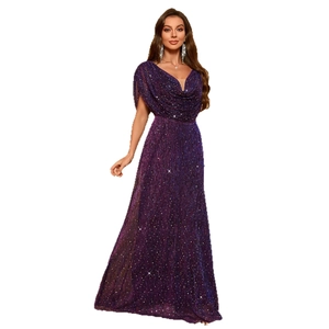 Elegant deep purple gradient sequin evening gown with a draped neckline and cape-style shoulders