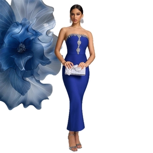 Elegant royal blue strapless bandage dress with luxury silver crystal beadwork detail