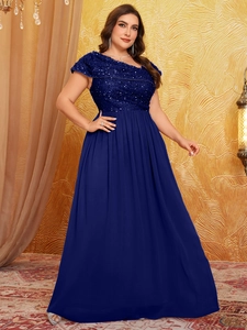 Detail of navy blue plus size evening dress with sequin bodice and pleated chiffon skirt