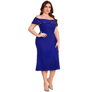 Elegant royal blue off-shoulder evening dress with pearl trim and slim fit cut