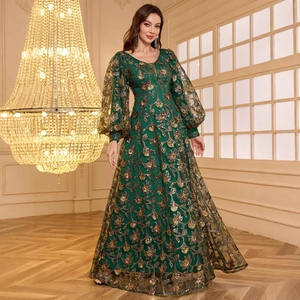 Women Elegant V-Neck Sequin Floral Embroidered Maxi Evening Dress Lantern Long Sleeve Luxury Mesh Party Banquet Ball Gown