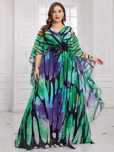 Elegant V-neck evening gown with butterfly wing print and beaded floral waist decoration
